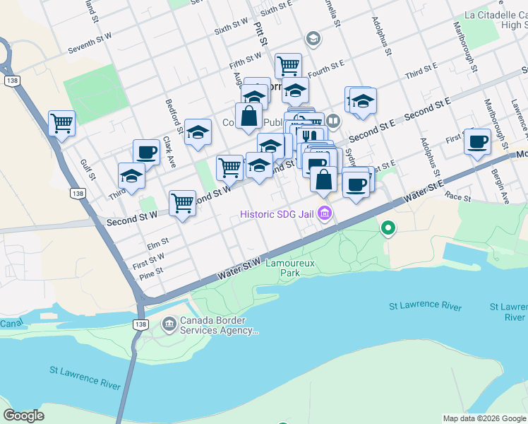 map of restaurants, bars, coffee shops, grocery stores, and more near 129 First Street West in Cornwall