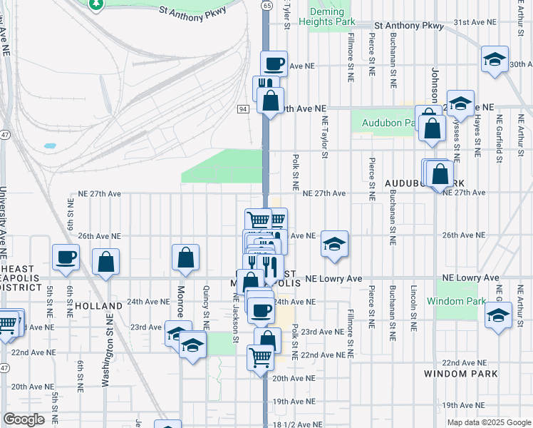 map of restaurants, bars, coffee shops, grocery stores, and more near 2646 Central Avenue Northeast in Minneapolis