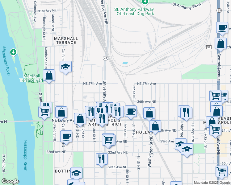 map of restaurants, bars, coffee shops, grocery stores, and more near 340 Northeast 27th Avenue in Minneapolis