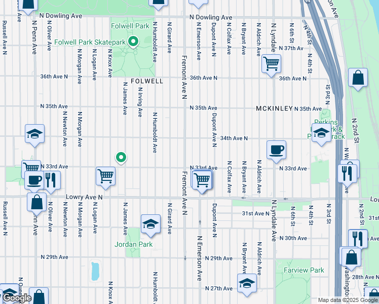 map of restaurants, bars, coffee shops, grocery stores, and more near in Minneapolis
