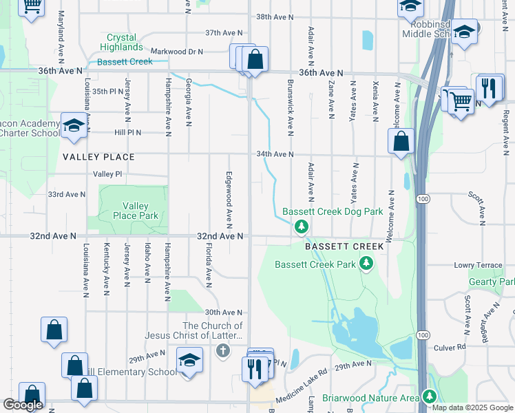 map of restaurants, bars, coffee shops, grocery stores, and more near in Crystal