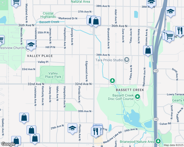 map of restaurants, bars, coffee shops, grocery stores, and more near in Crystal