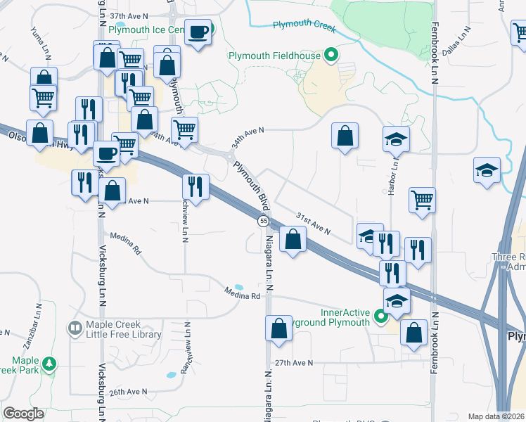 map of restaurants, bars, coffee shops, grocery stores, and more near in Maple Plain