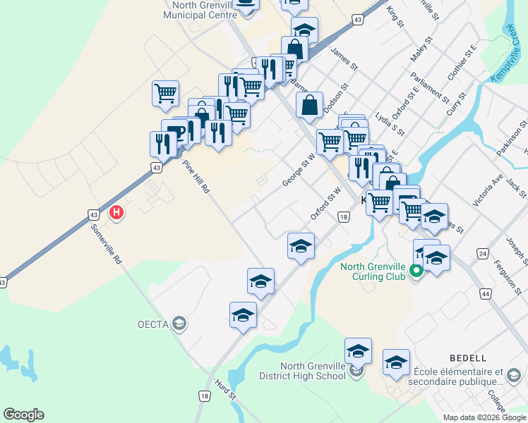 map of restaurants, bars, coffee shops, grocery stores, and more near 217 Oxford Street West in Kemptville