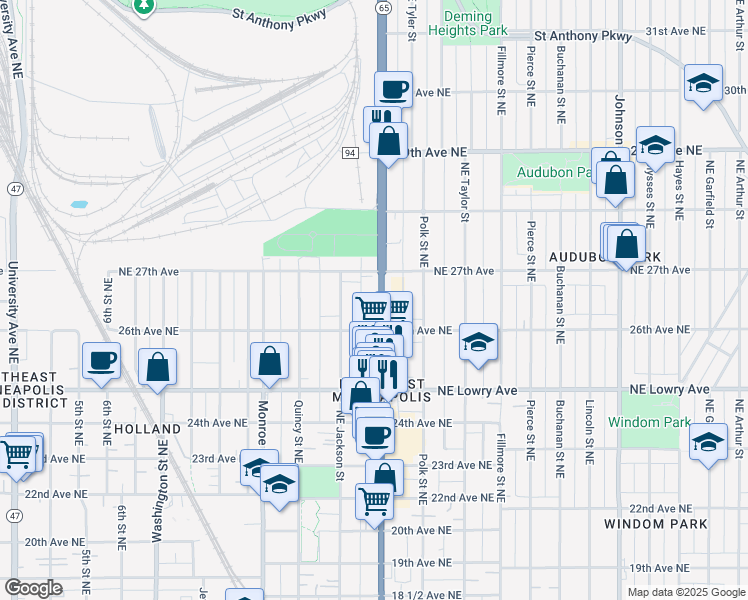 map of restaurants, bars, coffee shops, grocery stores, and more near 2646 Central Avenue Northeast in Minneapolis