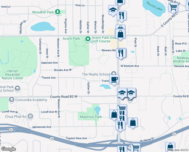 map of restaurants, bars, coffee shops, grocery stores, and more near 2486 Galtier Circle in Roseville