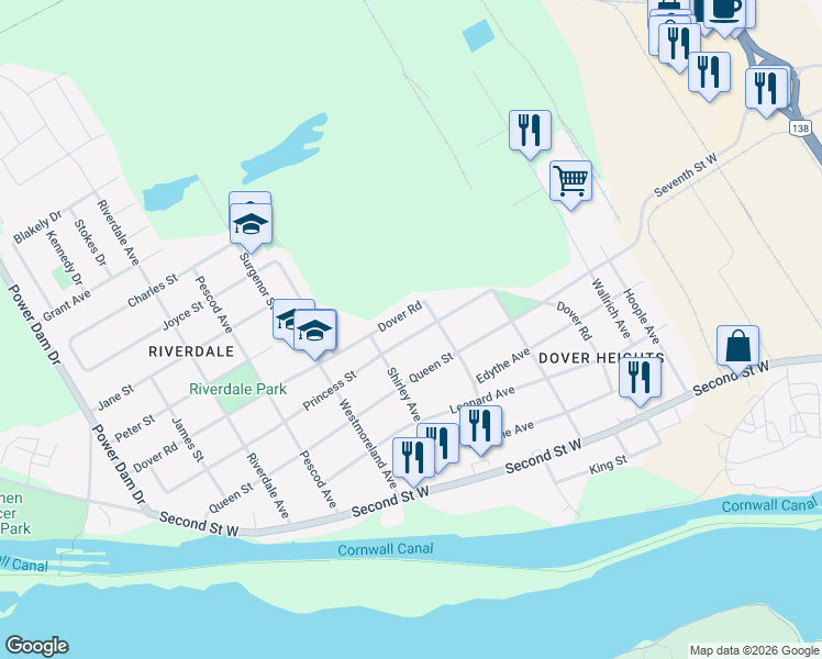 map of restaurants, bars, coffee shops, grocery stores, and more near 1209 Princess Street in Cornwall