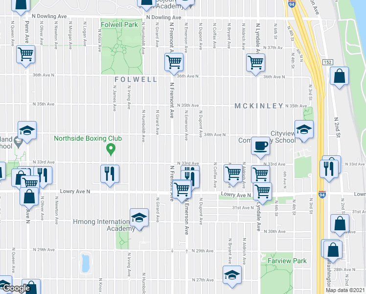 map of restaurants, bars, coffee shops, grocery stores, and more near 3333 Emerson Avenue North in Minneapolis