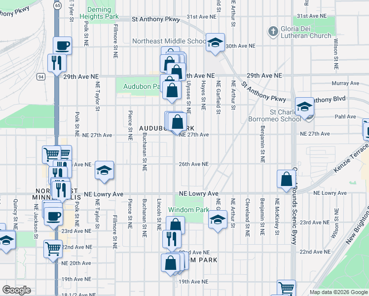 map of restaurants, bars, coffee shops, grocery stores, and more near 2649 Ulysses Street Northeast in Minneapolis