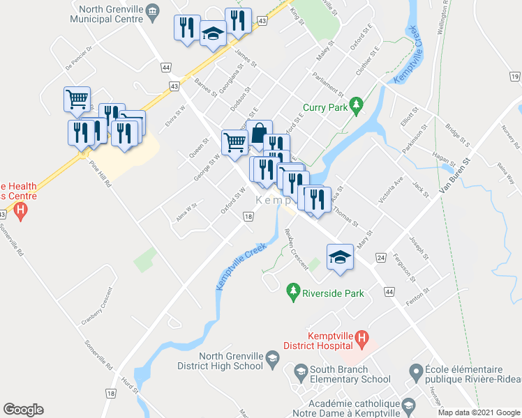 map of restaurants, bars, coffee shops, grocery stores, and more near 14 Clothier Street West in Kemptville