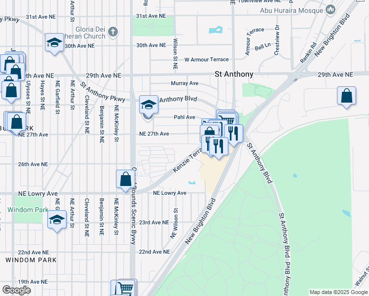 map of restaurants, bars, coffee shops, grocery stores, and more near 2601 Kenzie Terrace in Minneapolis