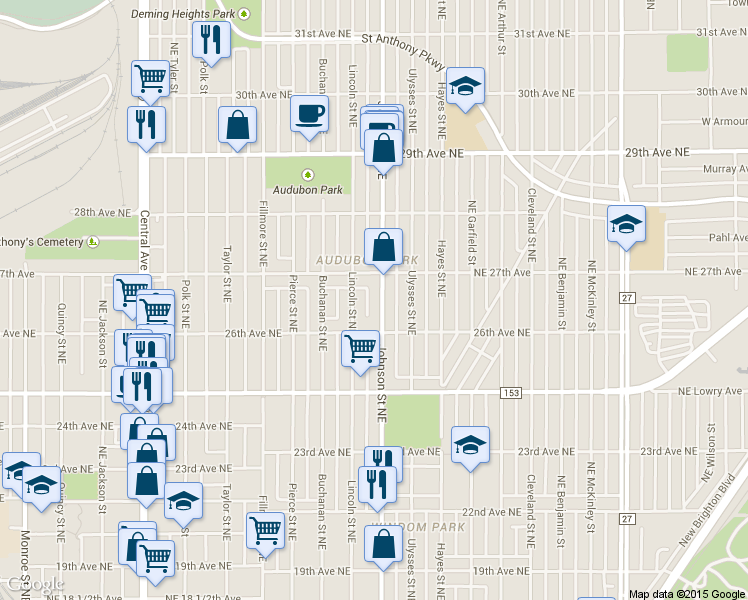 map of restaurants, bars, coffee shops, grocery stores, and more near 2651 Johnson Street Northeast in Minneapolis