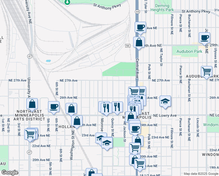 map of restaurants, bars, coffee shops, grocery stores, and more near 2647 Monroe Street Northeast in Minneapolis