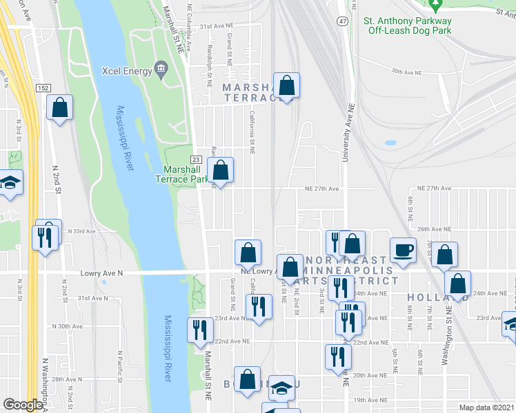 map of restaurants, bars, coffee shops, grocery stores, and more near 2655 California Street Northeast in Minneapolis
