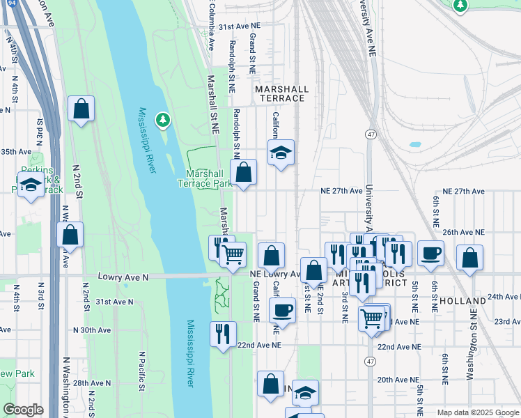 map of restaurants, bars, coffee shops, grocery stores, and more near 2651 Grand Street Northeast in Minneapolis