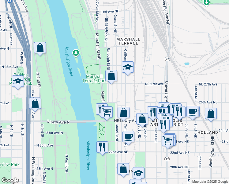 map of restaurants, bars, coffee shops, grocery stores, and more near 2651 Grand Street Northeast in Minneapolis