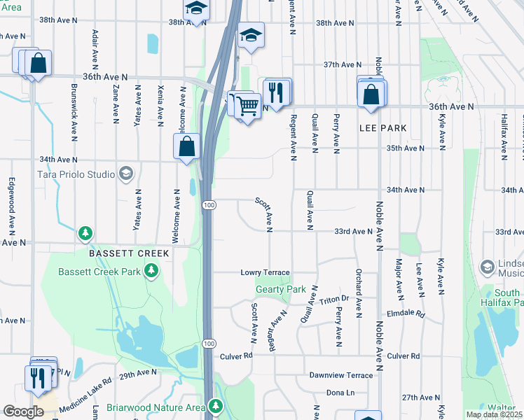 map of restaurants, bars, coffee shops, grocery stores, and more near 3335 Scott Avenue North in Minneapolis