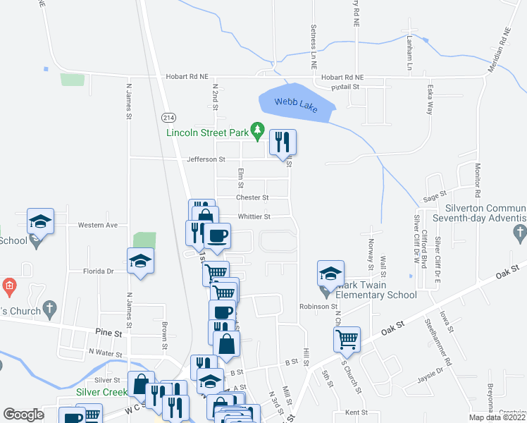 map of restaurants, bars, coffee shops, grocery stores, and more near 1201 Fir Street in Silverton