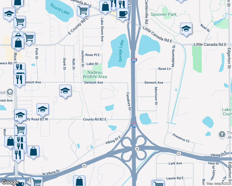 map of restaurants, bars, coffee shops, grocery stores, and more near 126 Canabury Court in Little Canada