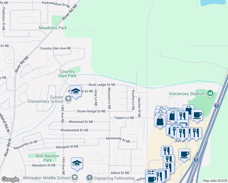map of restaurants, bars, coffee shops, grocery stores, and more near 2114 Rock Ledge Drive Northeast in Keizer