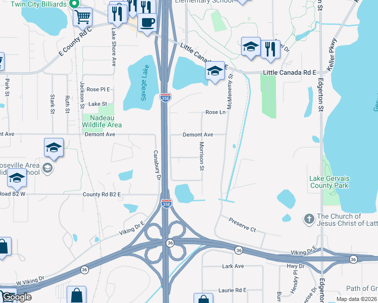 map of restaurants, bars, coffee shops, grocery stores, and more near 2515 Morrison Street in Saint Paul