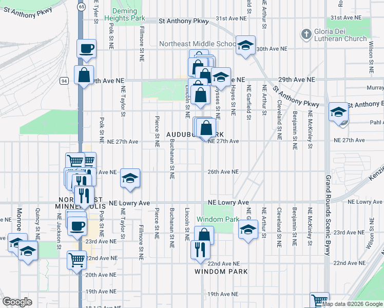 map of restaurants, bars, coffee shops, grocery stores, and more near in Minneapolis