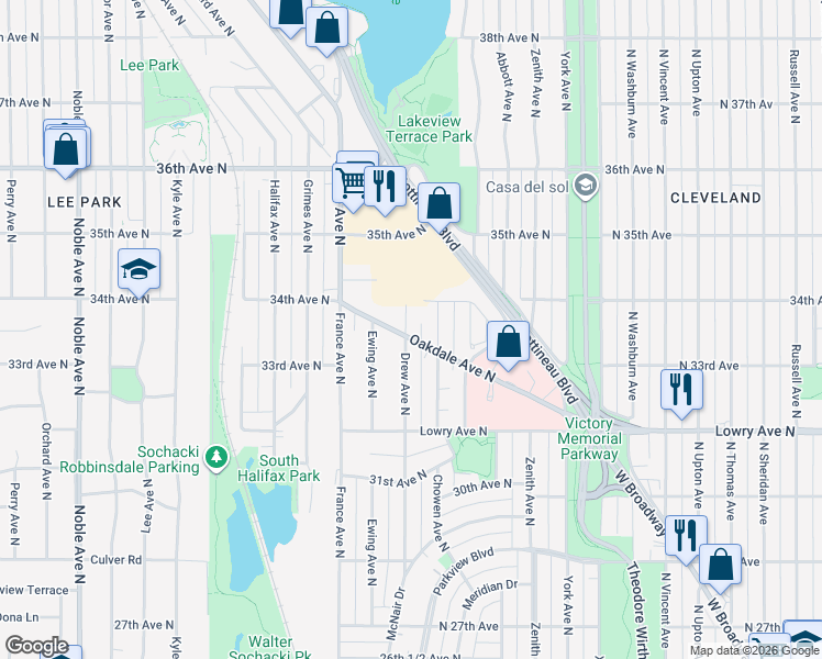 map of restaurants, bars, coffee shops, grocery stores, and more near 3340 Drew Avenue North in Robbinsdale