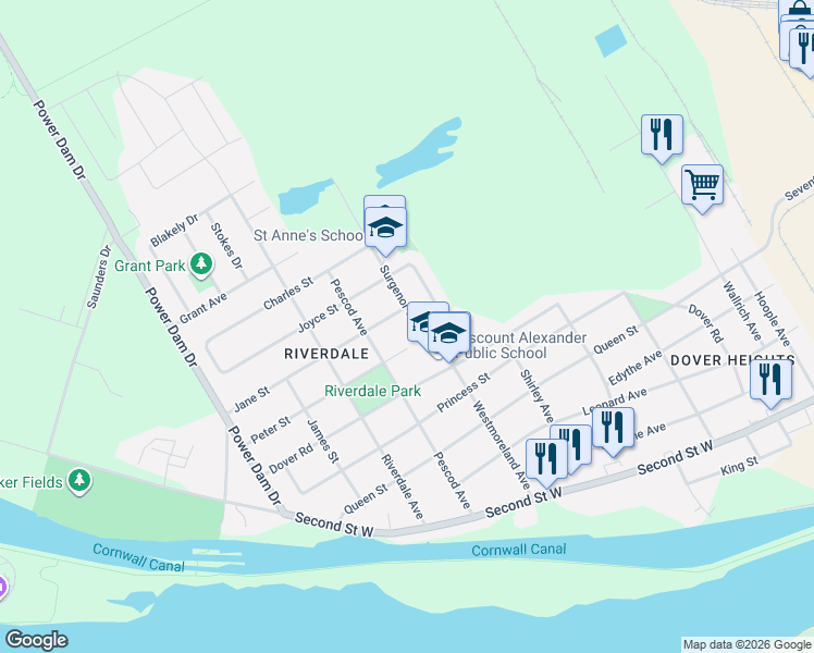 map of restaurants, bars, coffee shops, grocery stores, and more near 1412 Boyd Street in Cornwall