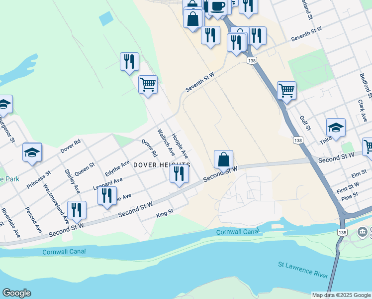 map of restaurants, bars, coffee shops, grocery stores, and more near 301 Hoople Avenue in Cornwall