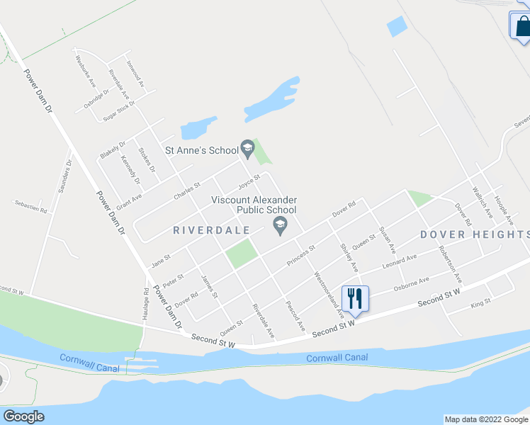 map of restaurants, bars, coffee shops, grocery stores, and more near 1412 Boyd Street in Cornwall