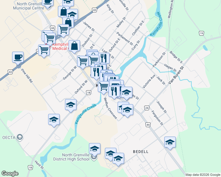 map of restaurants, bars, coffee shops, grocery stores, and more near 103 Prescott Street in Kemptville
