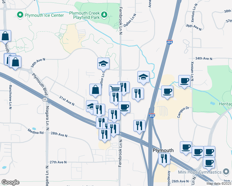 map of restaurants, bars, coffee shops, grocery stores, and more near 3231 Fernbrook Lane North in Plymouth