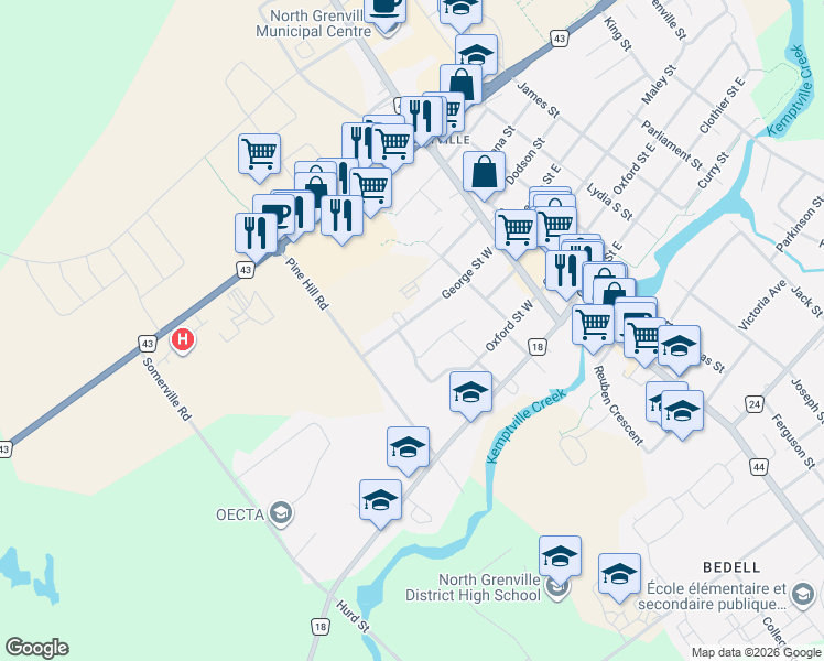map of restaurants, bars, coffee shops, grocery stores, and more near 128 George Street in Brockville