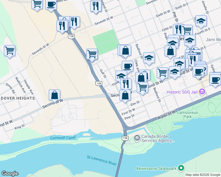map of restaurants, bars, coffee shops, grocery stores, and more near 448 Third Street West in Cornwall