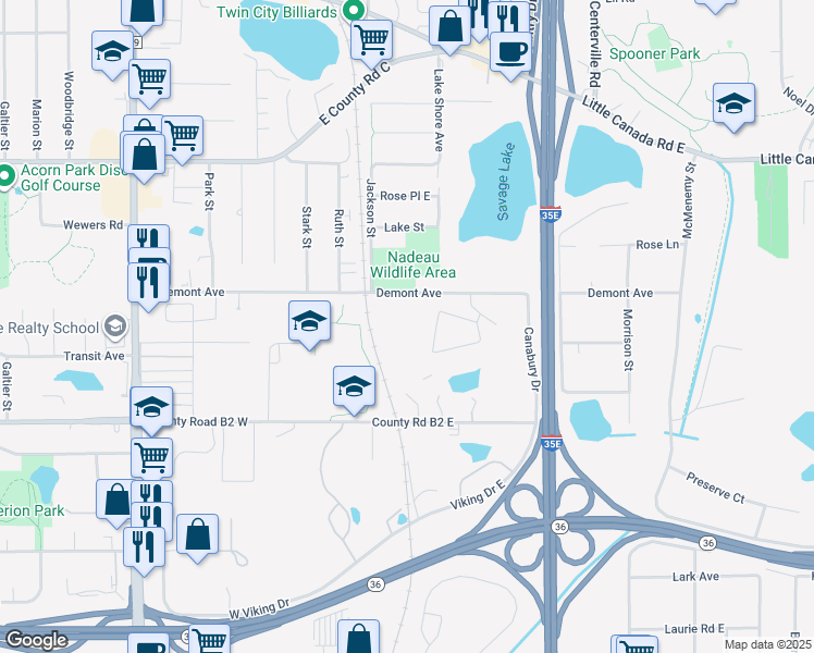 map of restaurants, bars, coffee shops, grocery stores, and more near 120 Demont Avenue in Little Canada