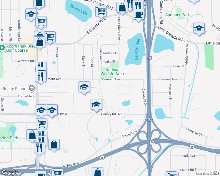 map of restaurants, bars, coffee shops, grocery stores, and more near 120 Demont Avenue in Little Canada