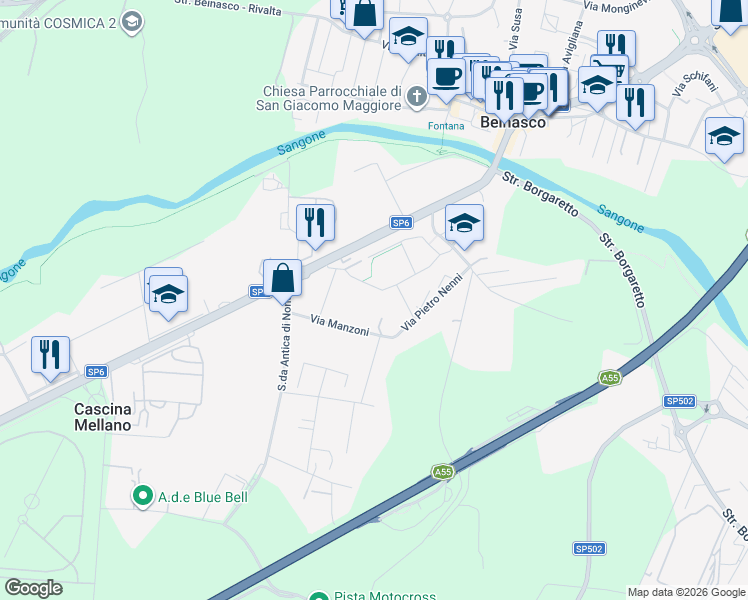 map of restaurants, bars, coffee shops, grocery stores, and more near 6 Via Amendola in Beinasco