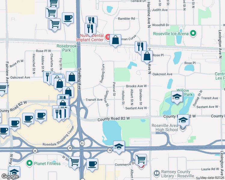 map of restaurants, bars, coffee shops, grocery stores, and more near 2497 Pascal Street in Roseville
