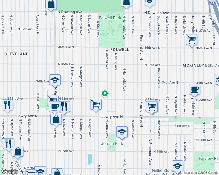 map of restaurants, bars, coffee shops, grocery stores, and more near 3346 North James Avenue in Minneapolis