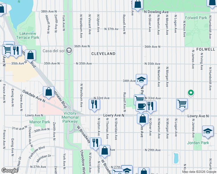 map of restaurants, bars, coffee shops, grocery stores, and more near 3351 North Thomas Avenue in Minneapolis