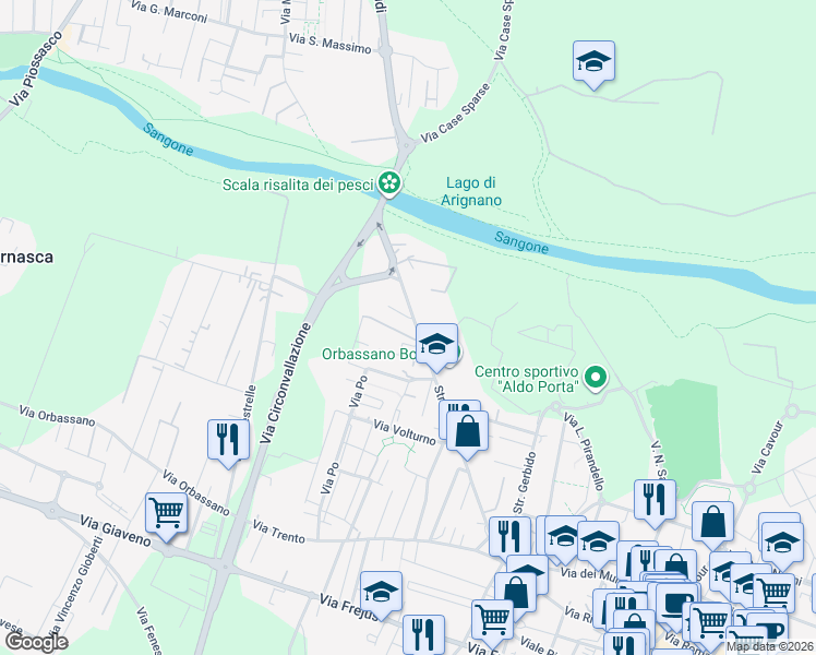 map of restaurants, bars, coffee shops, grocery stores, and more near 81c Strada Rivalta in Orbassano