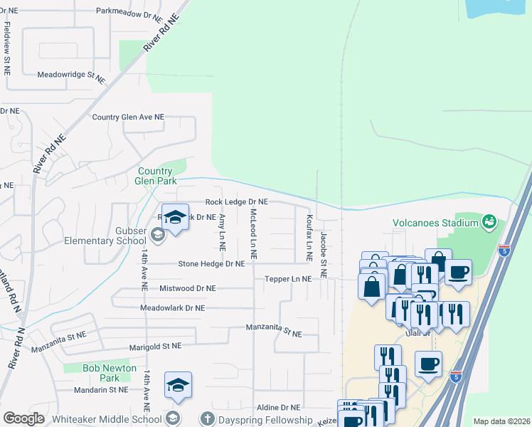 map of restaurants, bars, coffee shops, grocery stores, and more near 2114 Rock Ledge Drive Northeast in Keizer