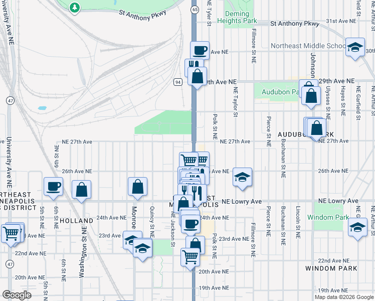map of restaurants, bars, coffee shops, grocery stores, and more near 2646 Central Avenue Northeast in Minneapolis