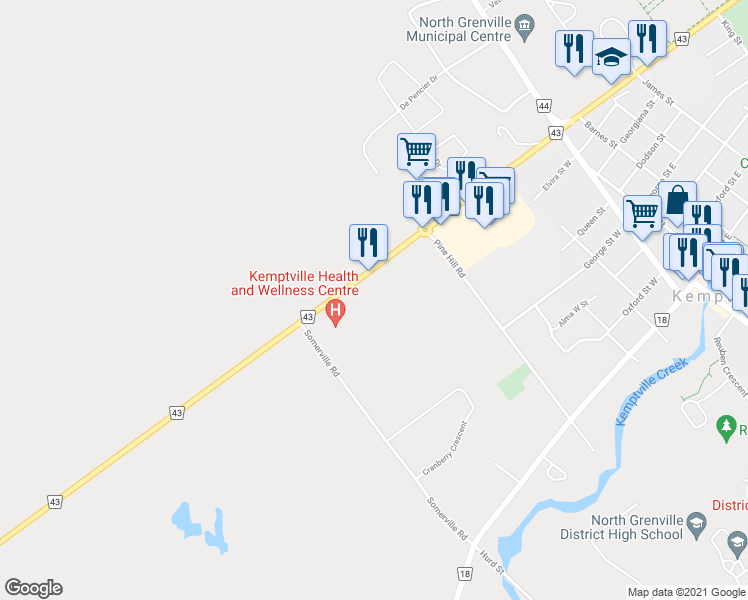map of restaurants, bars, coffee shops, grocery stores, and more near 2540 Leeds and Grenville 43 in Kemptville