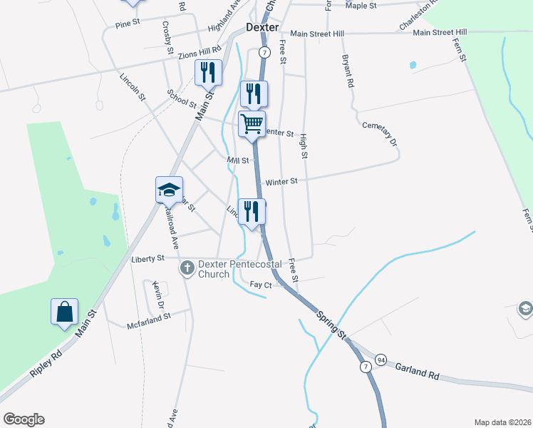 map of restaurants, bars, coffee shops, grocery stores, and more near 136 Spring Street in Dexter