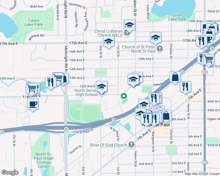 map of restaurants, bars, coffee shops, grocery stores, and more near 2412 12th Avenue East in North Saint Paul