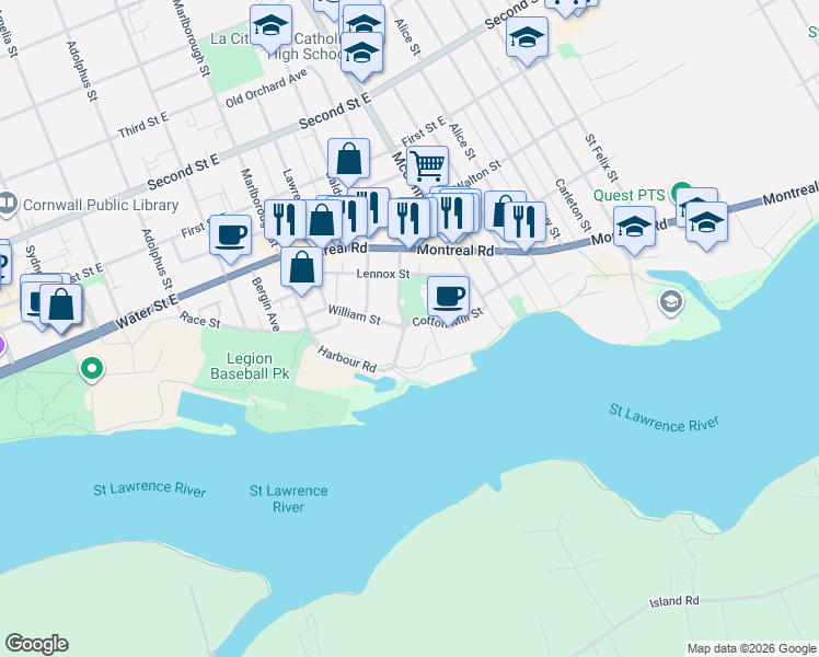 map of restaurants, bars, coffee shops, grocery stores, and more near 703 Cotton Mill Street in Cornwall