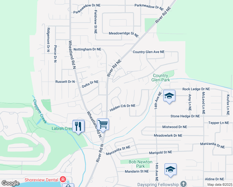 map of restaurants, bars, coffee shops, grocery stores, and more near 1032 Fir Cone Lane Northeast in Keizer