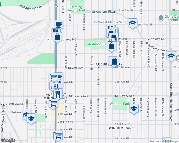 map of restaurants, bars, coffee shops, grocery stores, and more near 1212 27th Avenue Northeast in Minneapolis