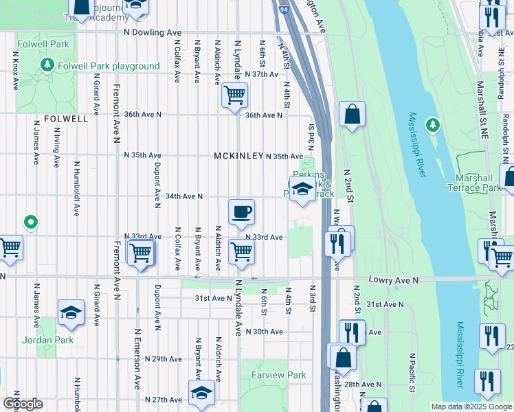 map of restaurants, bars, coffee shops, grocery stores, and more near 3346 North 6th Street in Minneapolis